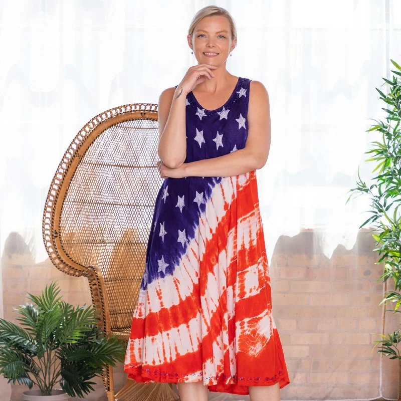 Diagonal Stars & Stripes Sleeveless Long Dress Tunics Versatile all-occasion