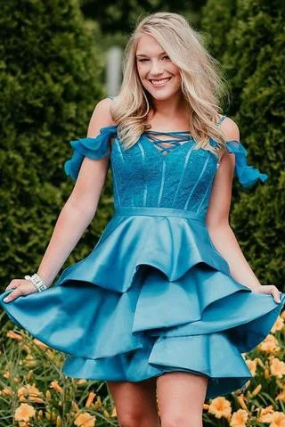 A Line Off the Shoulder Satin Tired Mini Homecoming Dress,Short Prom Dresses OKM31