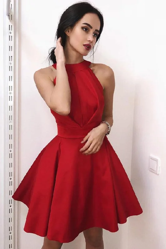 Jewel Satin Red Short Simple Homecoming Party Dresses OKM49 Shift Classic Vintage
