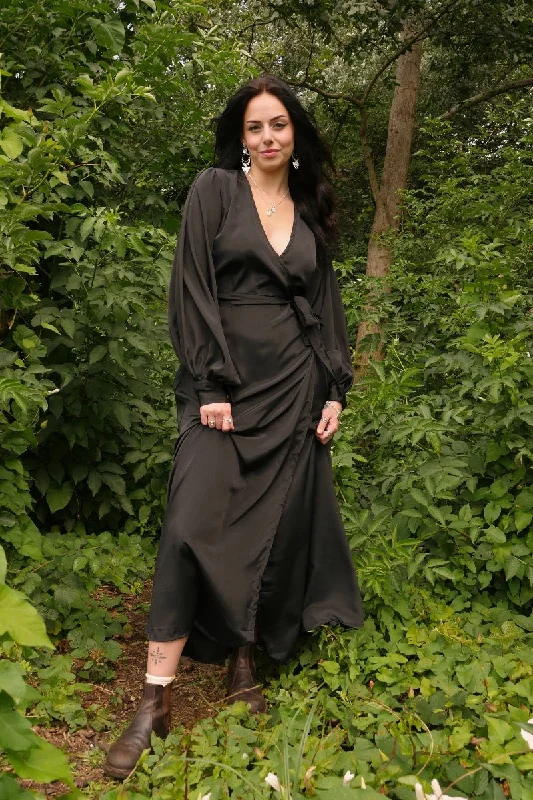 Khroma Lola Wrap Dress in Vampy Black Off-the-shoulder Chic Trendy
