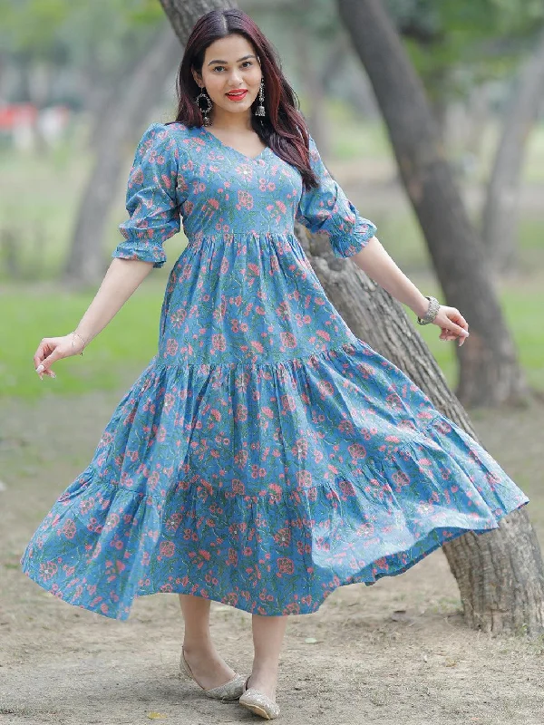 Blue Printed Cotton Fit and Flare Dress