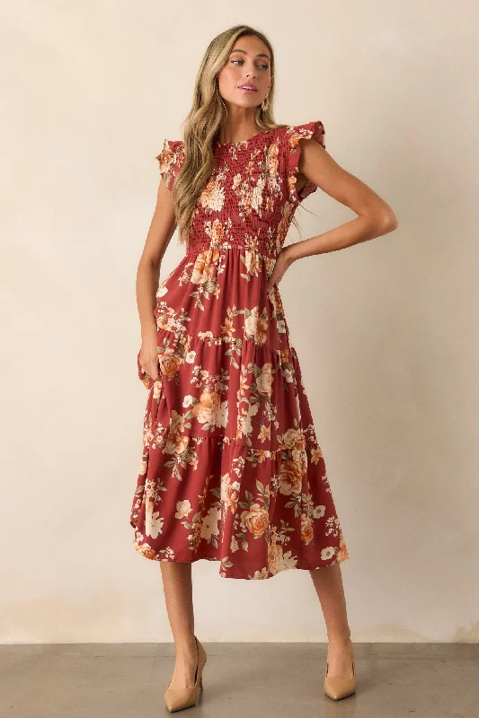 Desert Dawn Red Floral Midi Dress