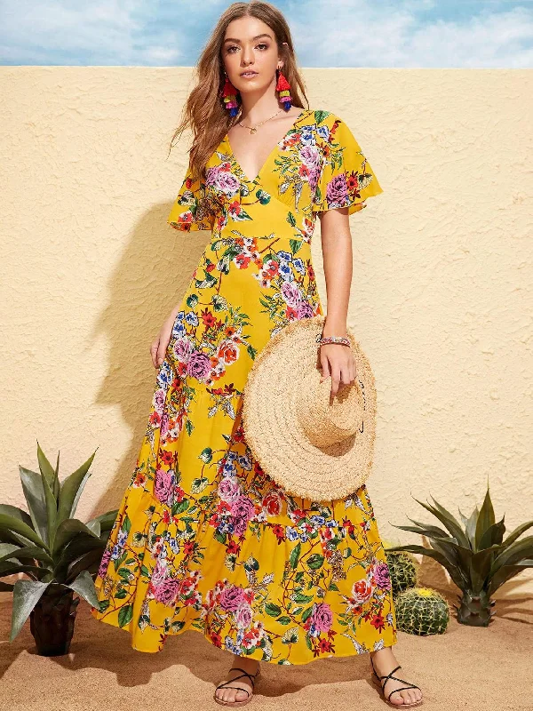 Floral Print Flutter Sleeve Wide Waistband Dress