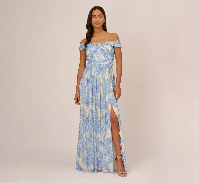 Watercolor Floral Print Gown With Off The Shoulder Neckline In Blue Multi