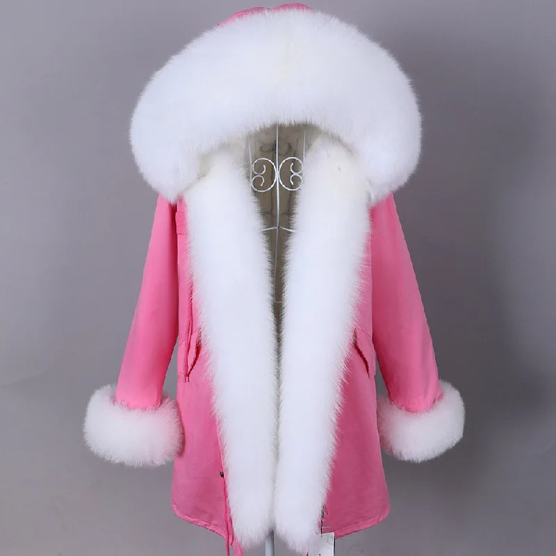 Winter Fashion Big Real Fox Fur Collar Hooded Parkas Jacket for Women Cardigan Sweater Pullover