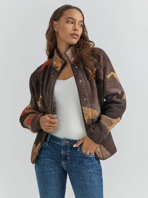 Women's Retro Printed Sherpa Snap Jacket - Stallion Brown Fleece Fabric Down Fabric Feather Fabric