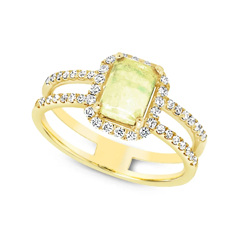 Bestselling Jewelry At Special Promotional Rates Cushion Opal and Diamond Halo Split Shank Design Ring