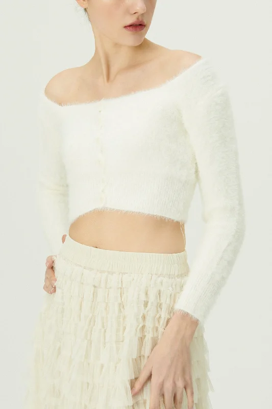 Carmen Fuzzy Crop Cardigan Ribbed Knit Sweater