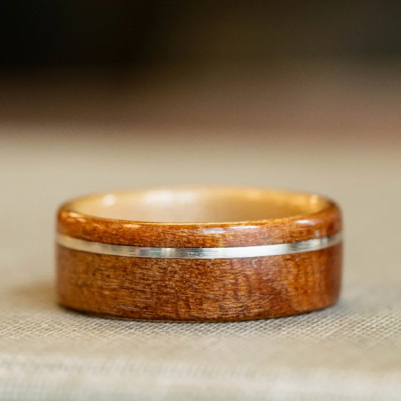 Handcrafted Beauty At Affordable Prices (In-Stock) Black Cherry Wood Ring with Natural Maple Liner & Offset Sterling Silver - Size 9.5 | 8mm Wide